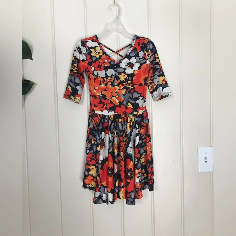 Girls Dot Dot Smile Multicolor Round Neck Graphic Flower Floral Dress 5 / 6 XS